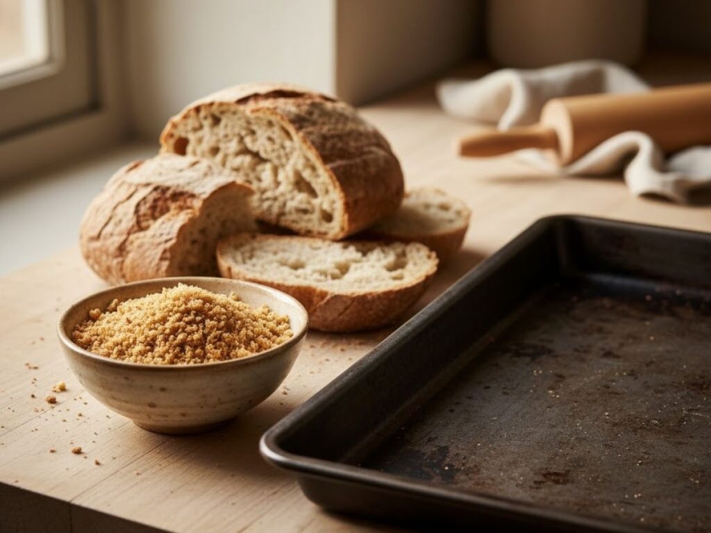 Bowl of brown breadcrumbs next to sliced rustic bread, a baking sheet, and a rolling pin.