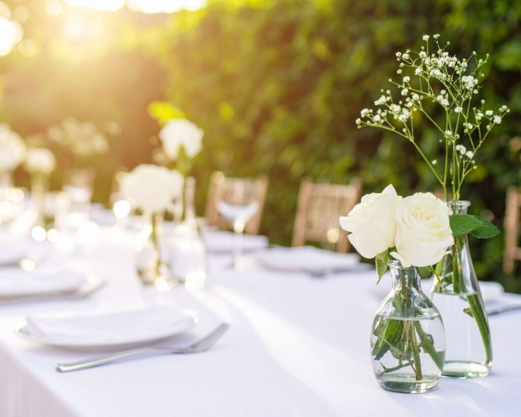 An outdoor dining table covered with a white tablecloth and set for an event, featuring small glass jars and vases as centerpieces, each holding a few white roses or sprigs of baby's breath. The image is taken at sunset or sunrise, with bright sunlight flaring over lush green foliage and blurred chairs in the background.