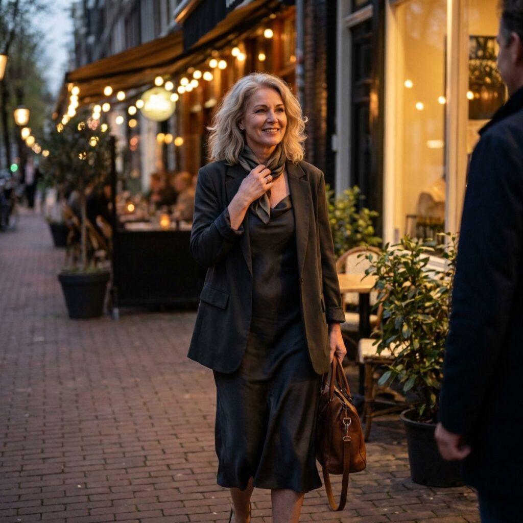 Woman in dark dress and blazer walking toward someone on a cozy evening street.