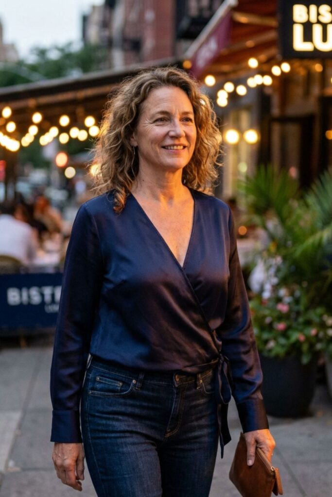 Woman in satin blouse and jeans walking past “Bistro Luna” at night.