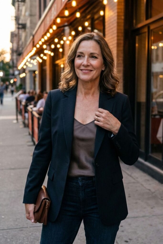 Woman in blazer and jeans walking along a city sidewalk at dusk.