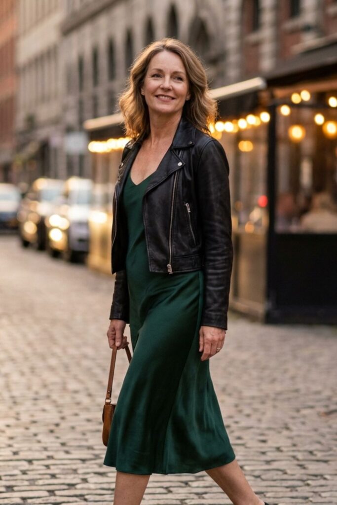 Woman in green dress and black jacket walking on cobblestone street.