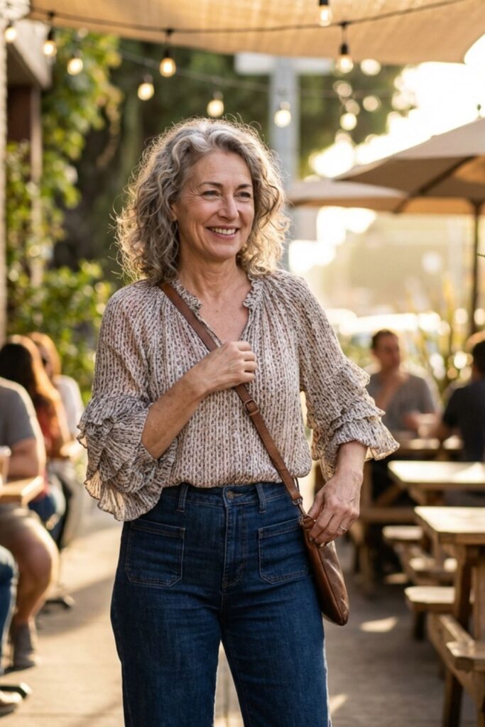 Woman in blouse and jeans walking through outdoor café seating.