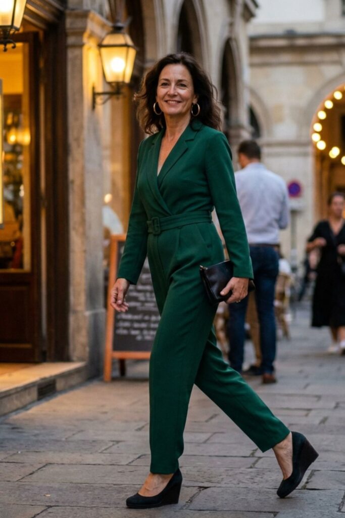 Woman in green jumpsuit walking on a lit evening street.