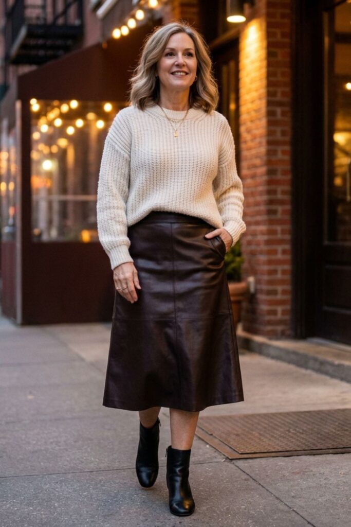 Woman in cream sweater and leather skirt walking past a restaurant.