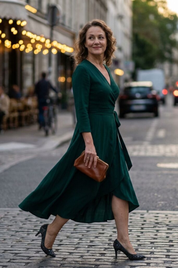 Woman in green wrap dress crossing cobblestone street at dusk.