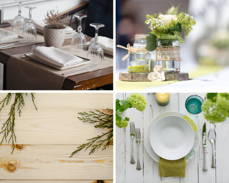 A collage featuring a neutral-toned dining table with linen napkins tied in ribbon, small jars of flowers, wooden textures, and greenery accents—showcasing table setup ideas for casual gatherings.