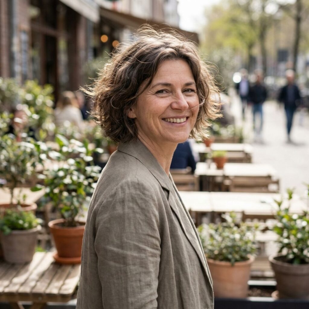 Woman with short textured hair smiling toward the camera with a lively café street behind her.