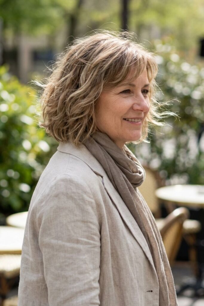 Woman in a beige blazer and scarf smiling in profile at a sunlit café terrace.