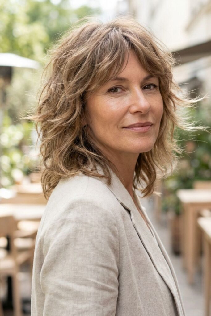 Woman with softly layered hair in a light blazer looking at the camera in a bright outdoor café setting.