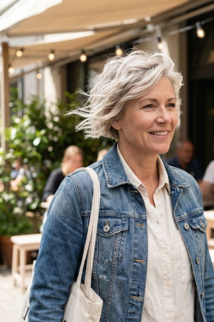 Confident woman with short gray hair wearing a denim jacket walking past an outdoor café.