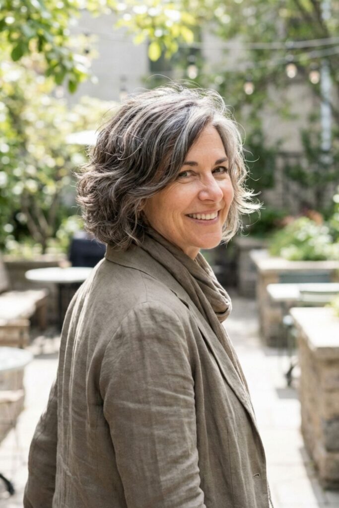 Woman with short gray hair in a neutral blazer smiling over her shoulder in a leafy outdoor café courtyard.