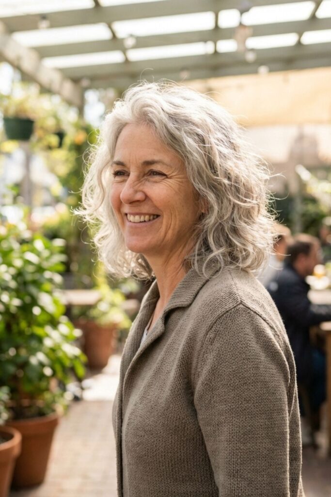 Smiling woman with gray hair in a textured sweater standing in a sunlit café filled with plants.