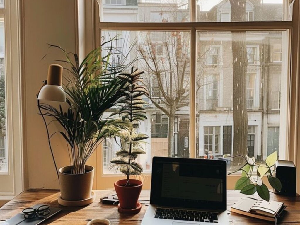 Rustic wooden desk with a laptop, potted plants, a small cup of coffee, and a lamp in front of a window overlooking a sunny city street.