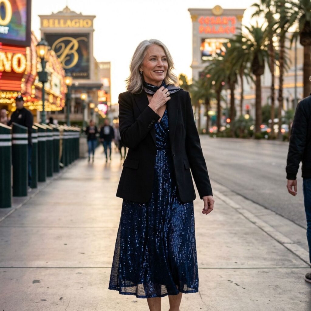 Woman in elegant dress and blazer walking along Las Vegas Strip at sunset.