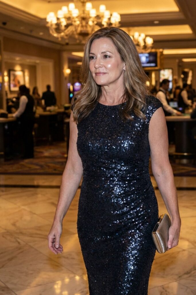 Woman in black sequin dress walking inside a luxury casino.