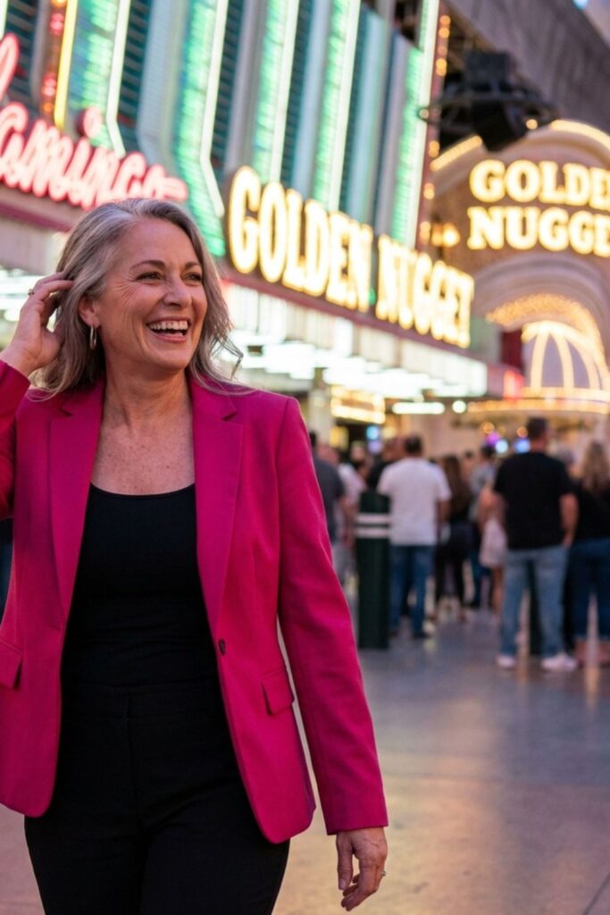Woman in pink blazer walking under neon lights on Fremont Street Las Vegas.