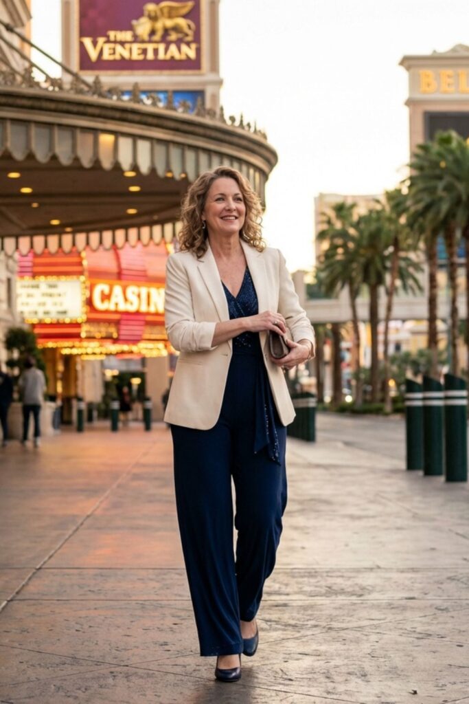 Woman in chic evening outfit walking near Bellagio in Las Vegas.