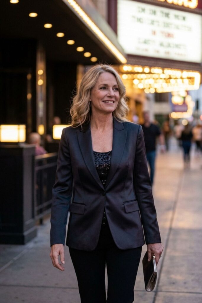 Woman in blazer walking past theater lights in the evening.