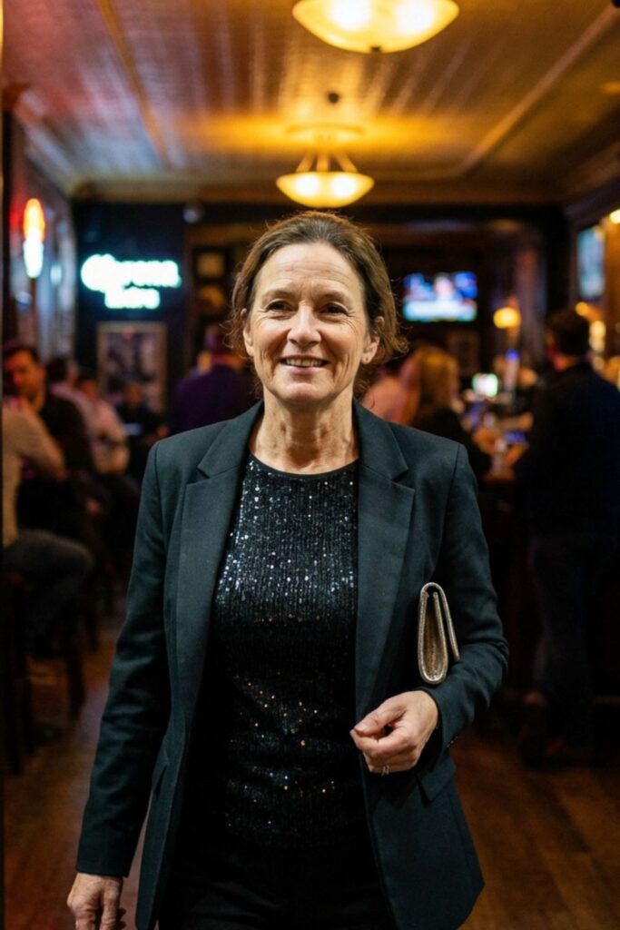 Woman in black blazer entering a lively bar at night.