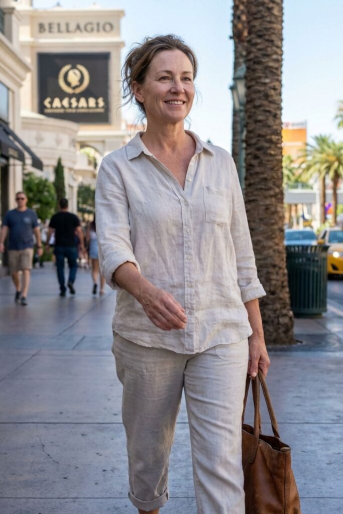 Woman in linen outfit walking along Las Vegas Strip in daylight.