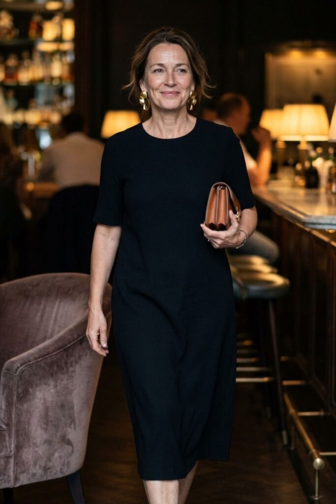 Woman in black dress entering a stylish bar at night.