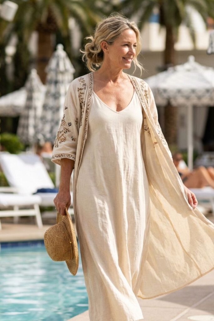 Woman in beige maxi dress walking poolside at a resort.