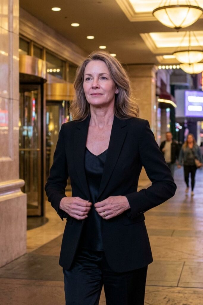 Woman in black suit walking along Las Vegas Strip at night.