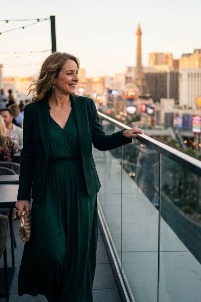 Woman in green dress enjoying rooftop view of Las Vegas Strip.
