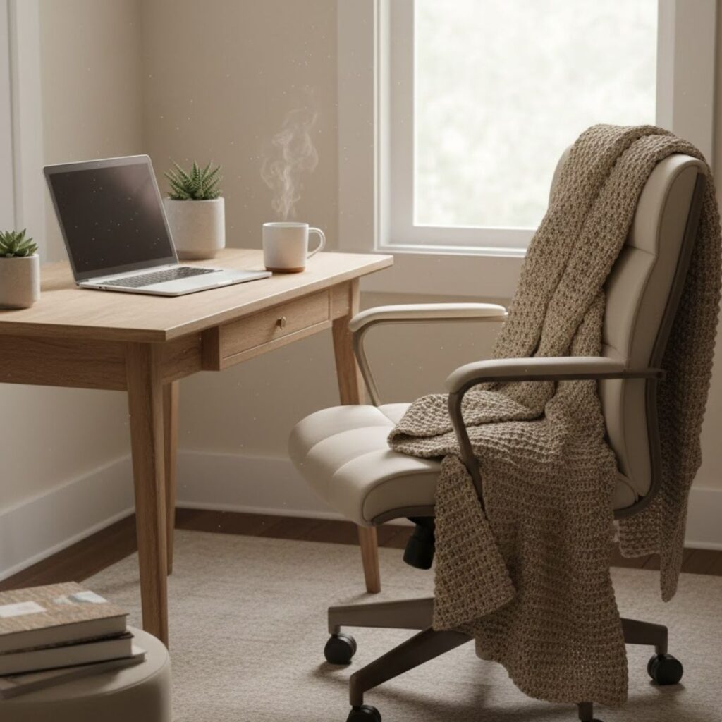 Minimalist wooden desk with a laptop and steaming mug, paired with a cozy knit blanket draped over an office chair.
