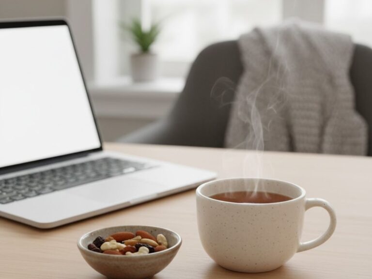 A close-up of a wooden desk with a steaming white mug of tea and a small bowl of mixed nuts and raisins in front of a blurred laptop