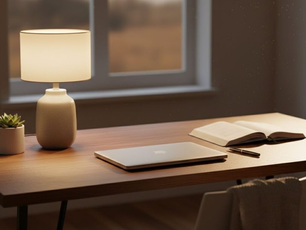 A warm, dimly lit workspace at dusk featuring a closed laptop, a glowing table lamp, an open book with a pen, and a succulent