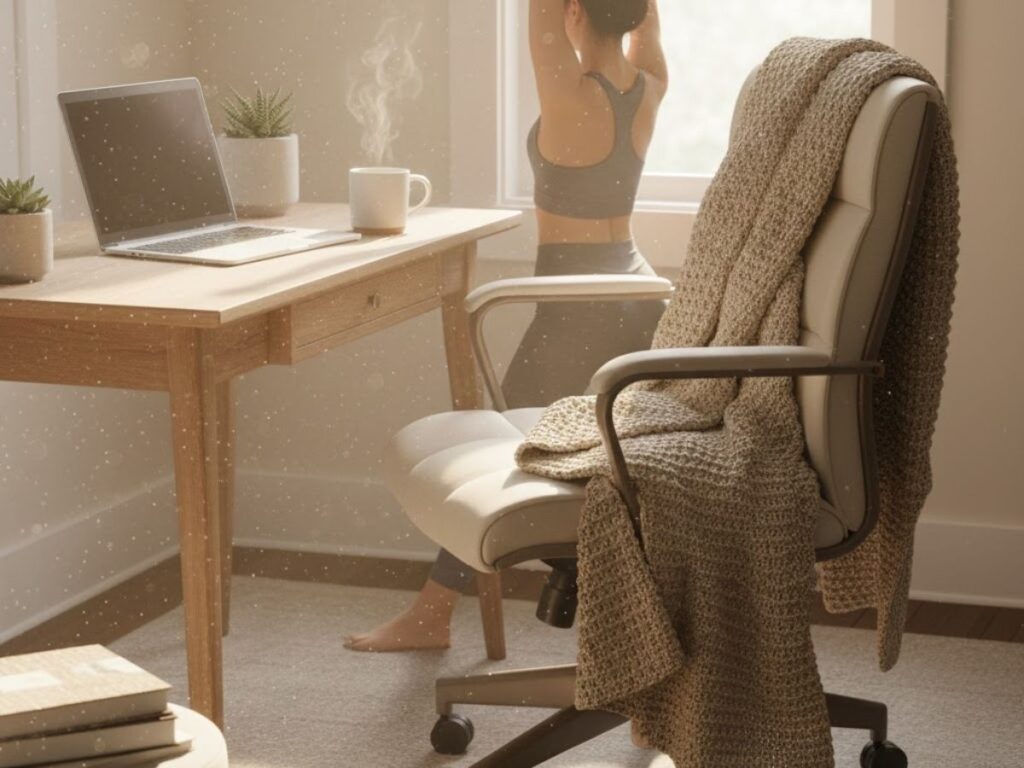 Woman stretching in front of a window behind a desk with a laptop and a blanket-covered chair.