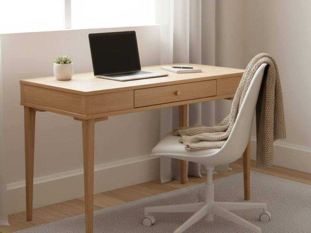 Modern white desk chair with a knit blanket draped over it, tucked into a minimalist wooden desk.