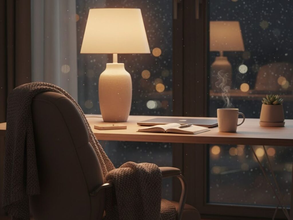 Cozy home office at night with a glowing lamp, steaming mug, and a view of city lights through a rainy window.