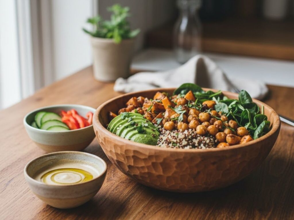 A nourish bowl with quinoa, roasted chickpeas, sweet potato, avocado, and spinach in a wooden bowl on a table.