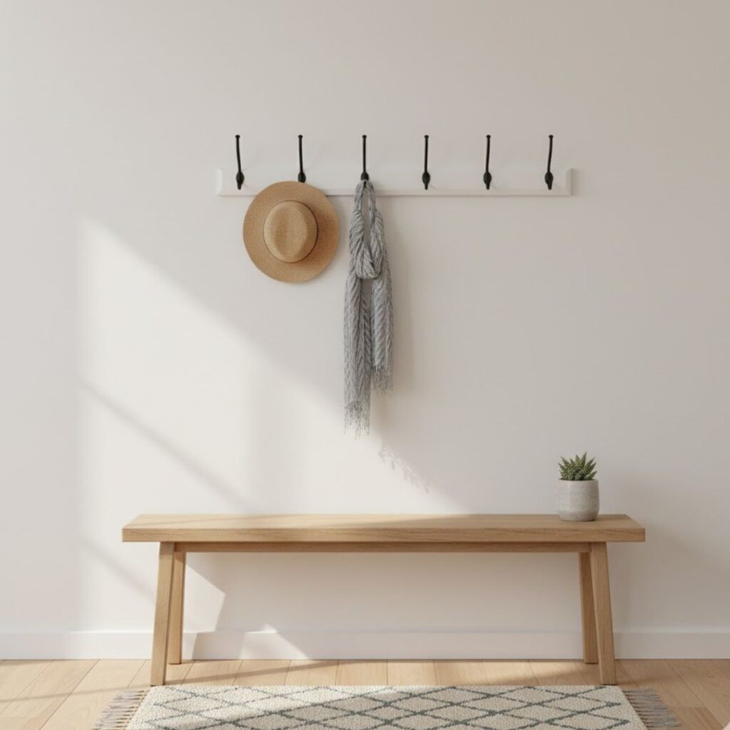Minimalist entryway with a wooden bench, coat rack, straw hat, scarf, and patterned rug.