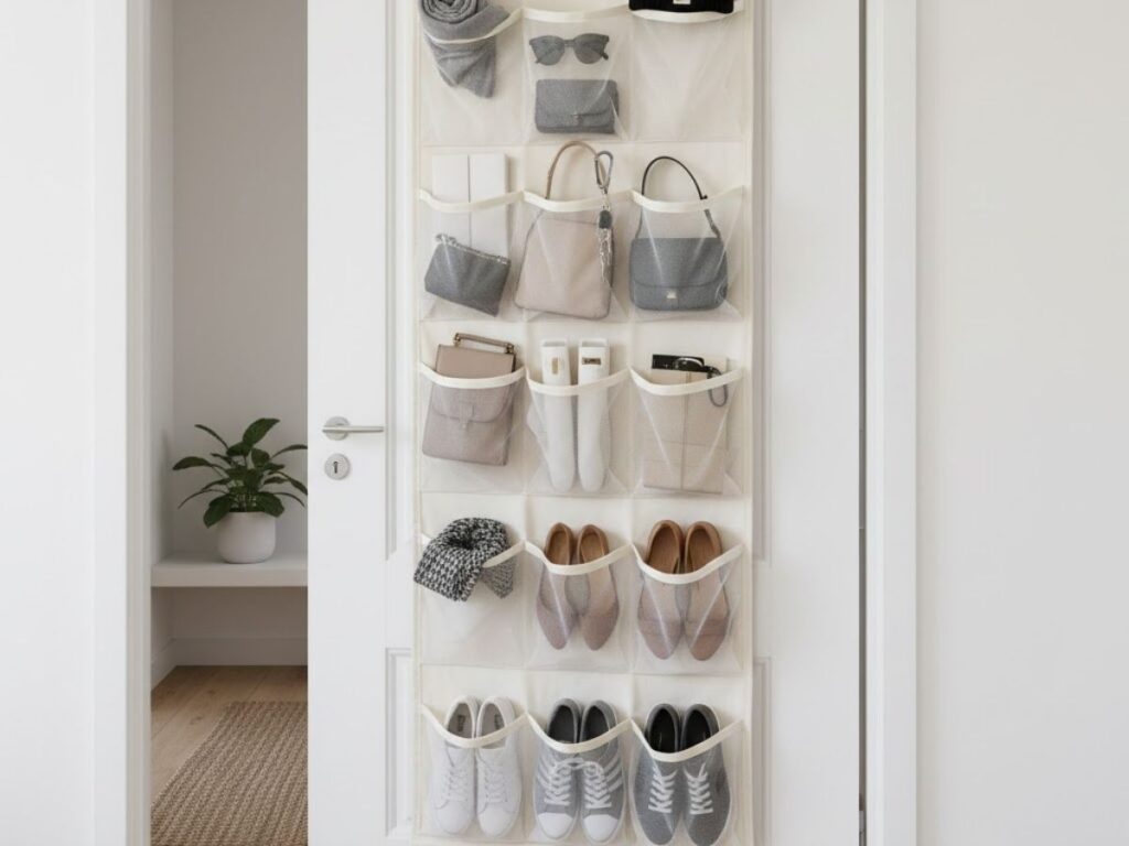 Over-the-door hanging organizer with mesh pockets holding shoes, hats, scarves, and bags.