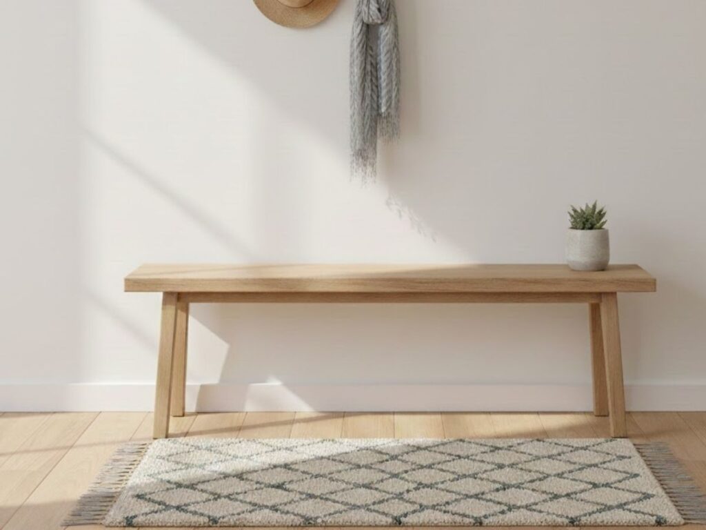 Simple wooden entryway bench with a small plant on top of a patterned rug.