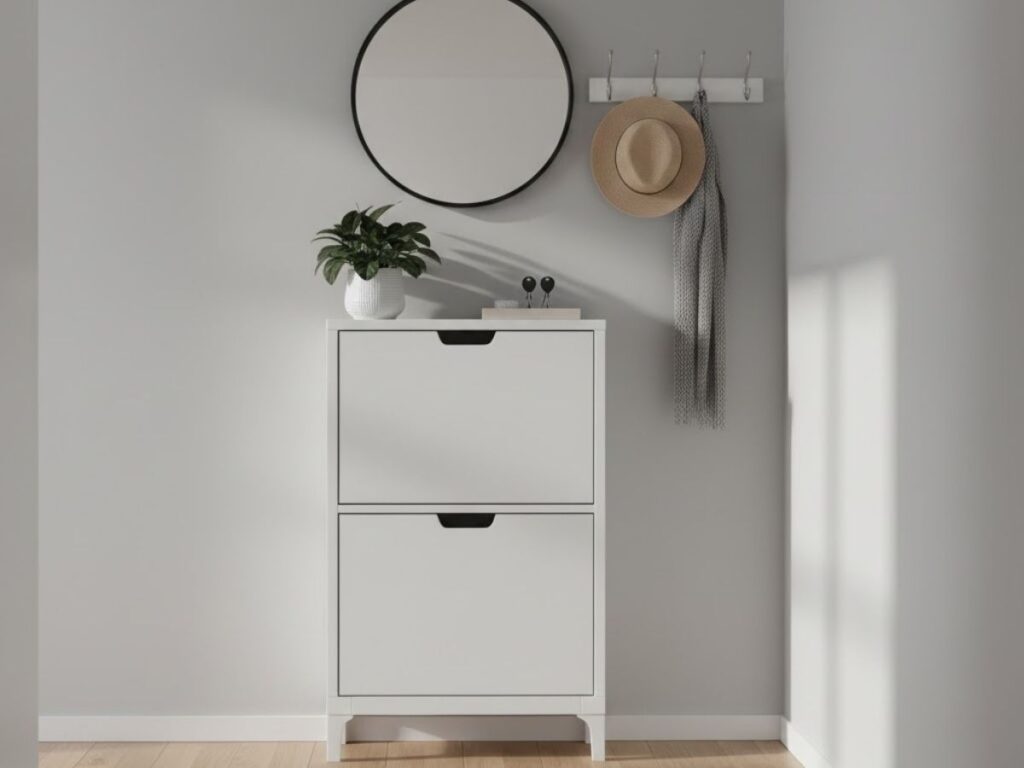 White, two-drawer shoe cabinet with a mirror, wall hooks, and a plant in a gray entryway.