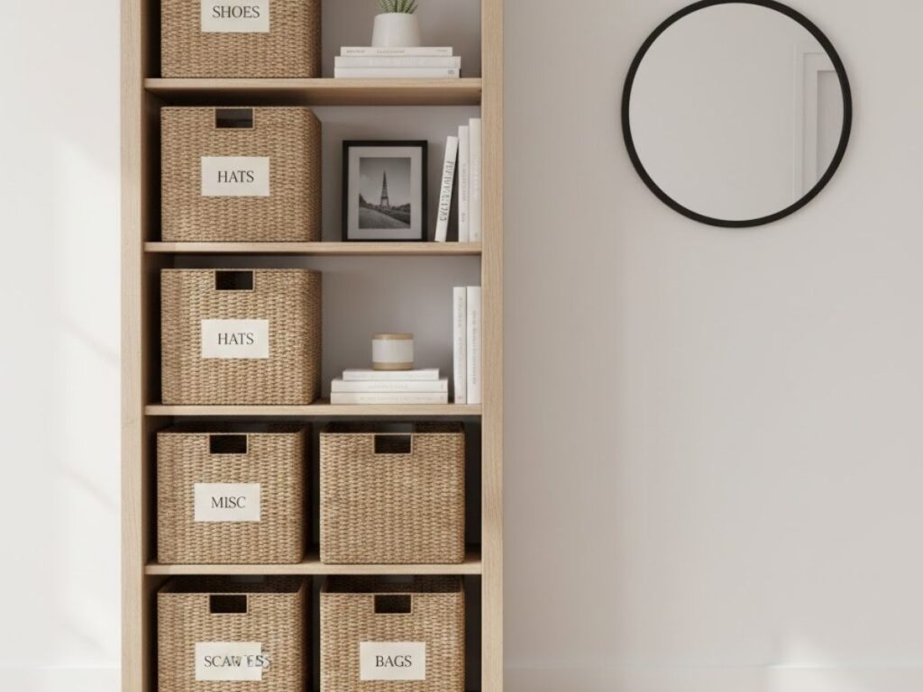 Tall wooden bookshelf with labeled woven storage baskets for shoes, hats, and bags.