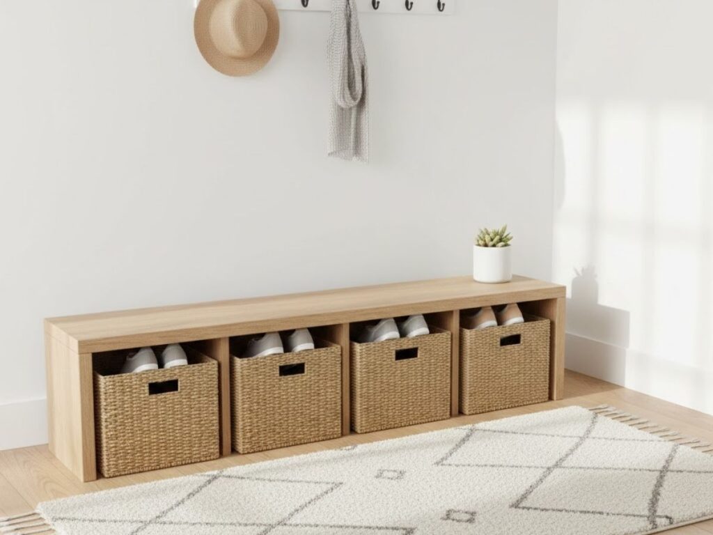 Long wooden entryway bench with four woven storage baskets underneath for shoes.
