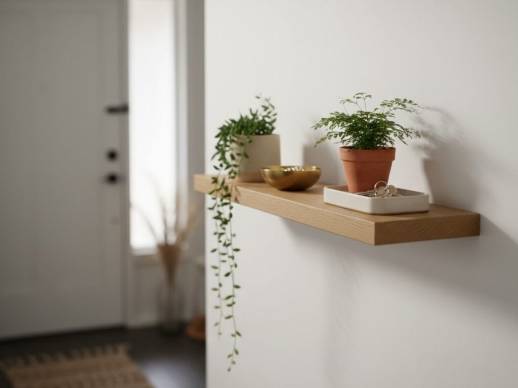 Light wood floating shelf with two potted plants and small decorative items near an entryway.