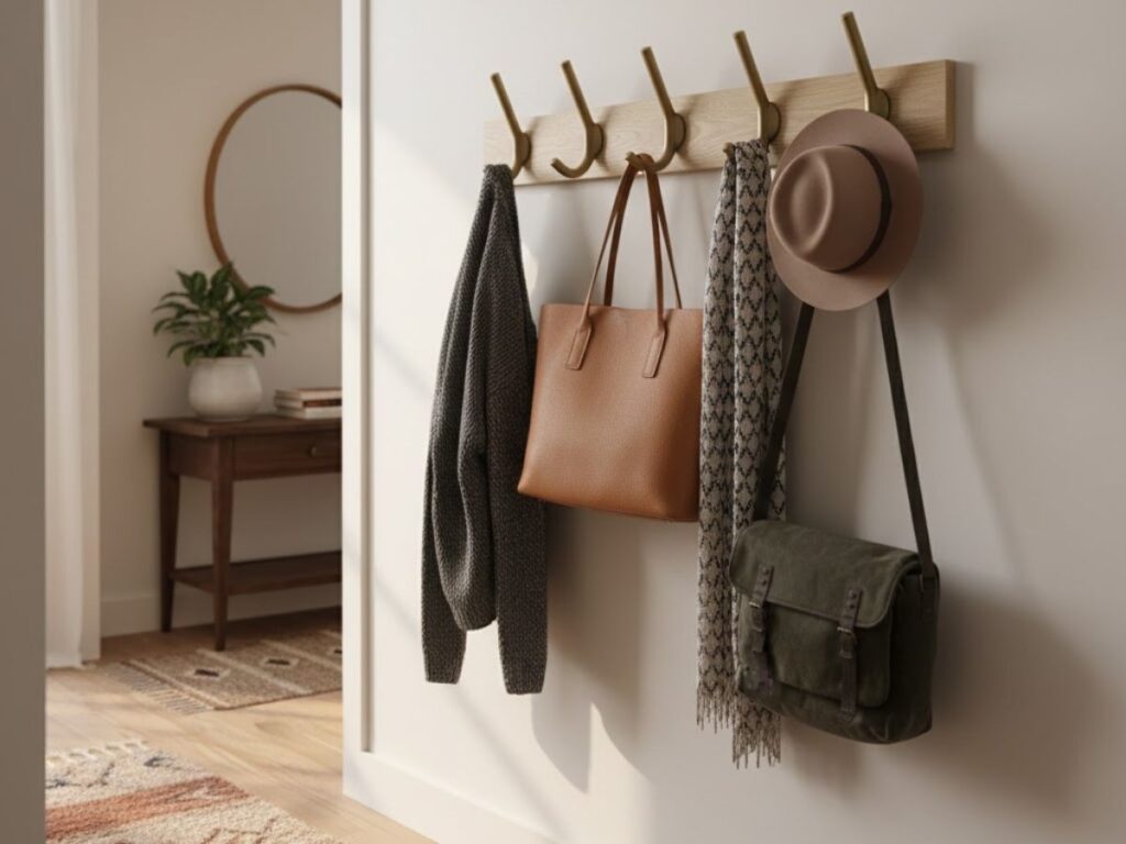 Coat rack with brass hooks holding a sweater, leather bag, scarf, and two hats in a hallway. Light wood bench with a plant and rug below a white coat rack with a hat and scarf. Floating wood shelf with potted plants and a small dish near a blurred entryway door.