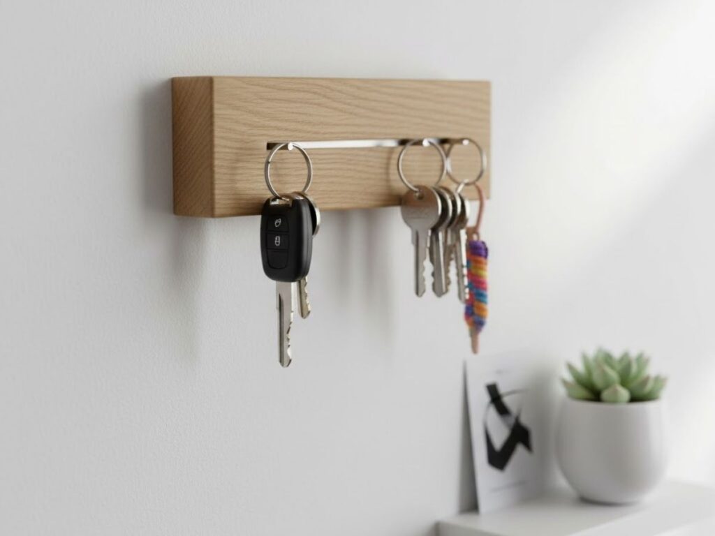 Wood magnetic key holder with multiple keys hanging on a white wall.
