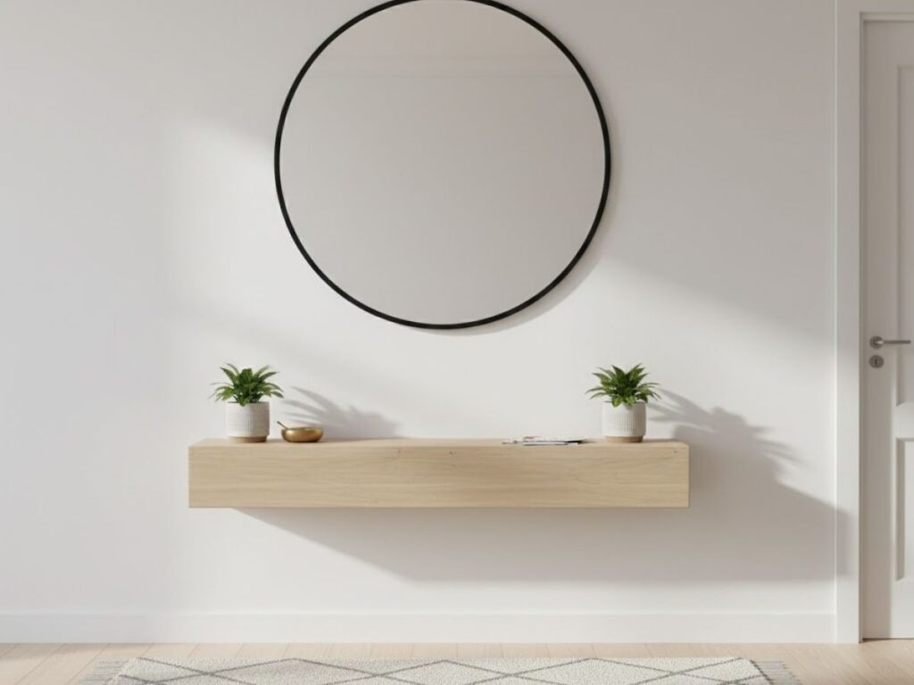 Floating shelf with mirror and plants.