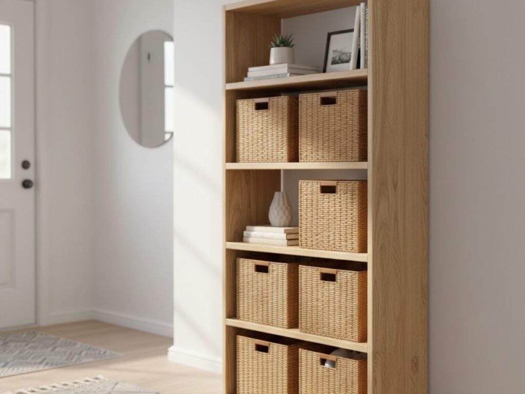 Tall wooden bookcase with woven storage baskets in an entryway.