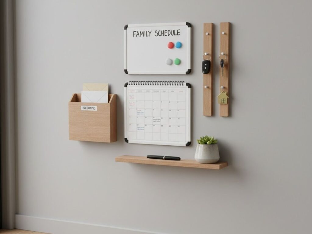 Wall-mounted family organizer with whiteboard, calendar, mail holder, floating shelf, and key hooks.