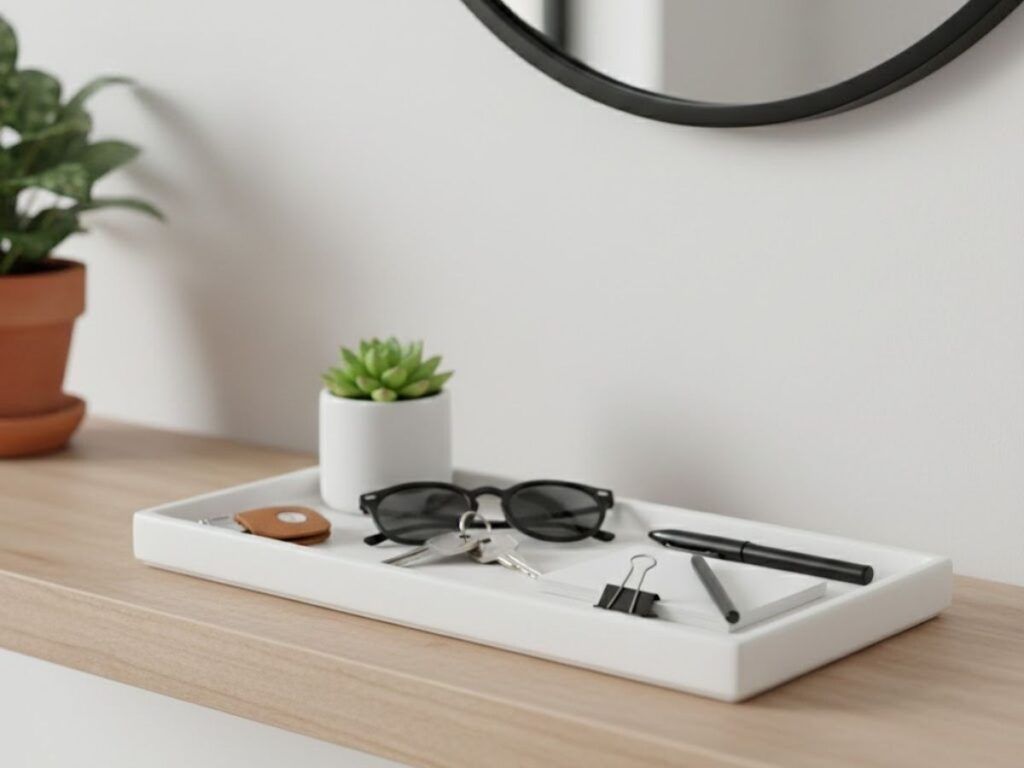 Close-up of a white tray on a wooden shelf holding keys, sunglasses, a pen, and a succulent.