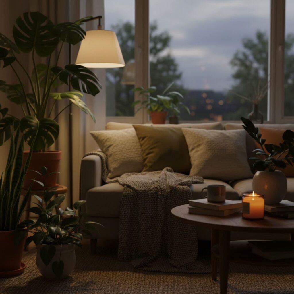 A cozy, dimly lit living room featuring a sofa with plush pillows and a knit blanket, surrounded by several lush green houseplants like a Monstera and a ZZ plant. A warm floor lamp and a glowing candle on a wooden coffee table create a serene, evening atmosphere.